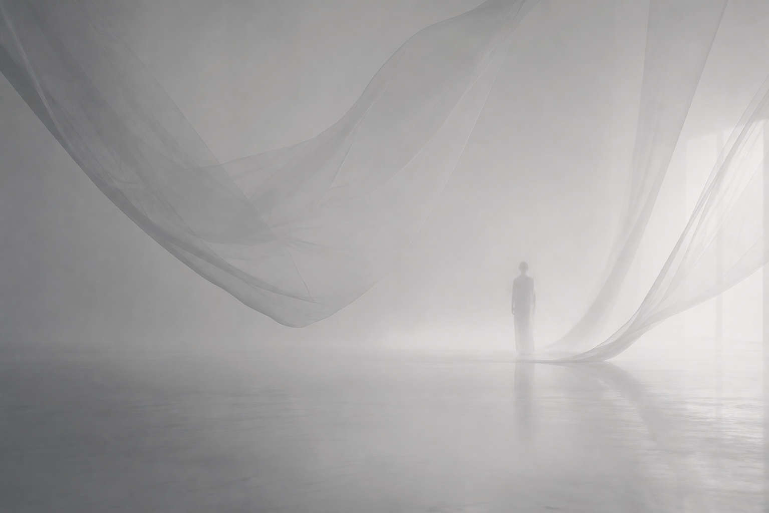 A fog-white empty room with suspended translucent fabric