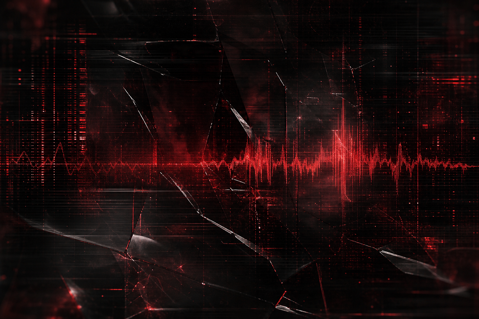 A red neural signal trapped in black broken glass