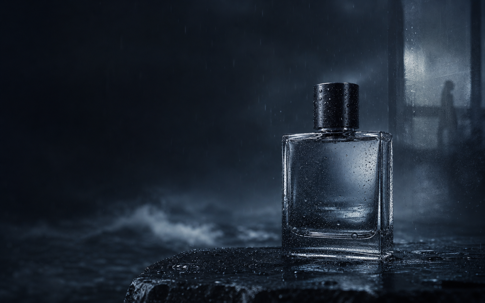 Rain covered perfume bottle in a cold blue archive room