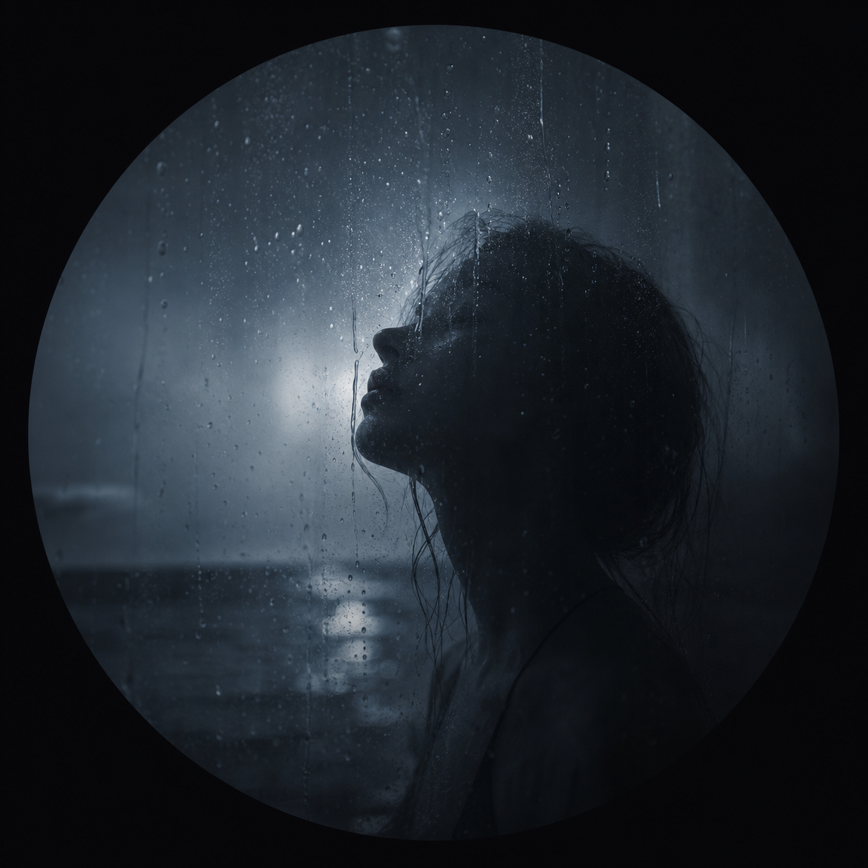 Melancholia personality portrait in rain and blue glass