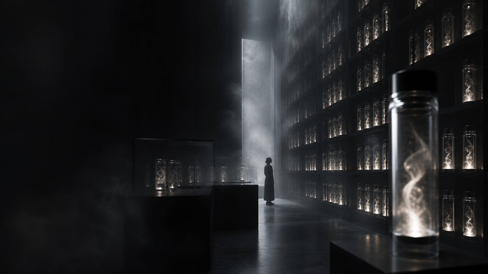 A silent futuristic archive room storing emotion memories in glass vials